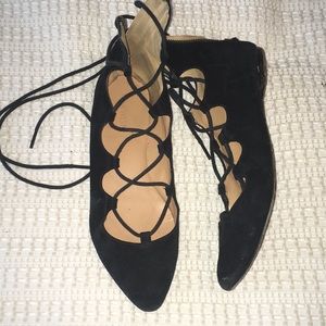 Black, suede lace up flats
